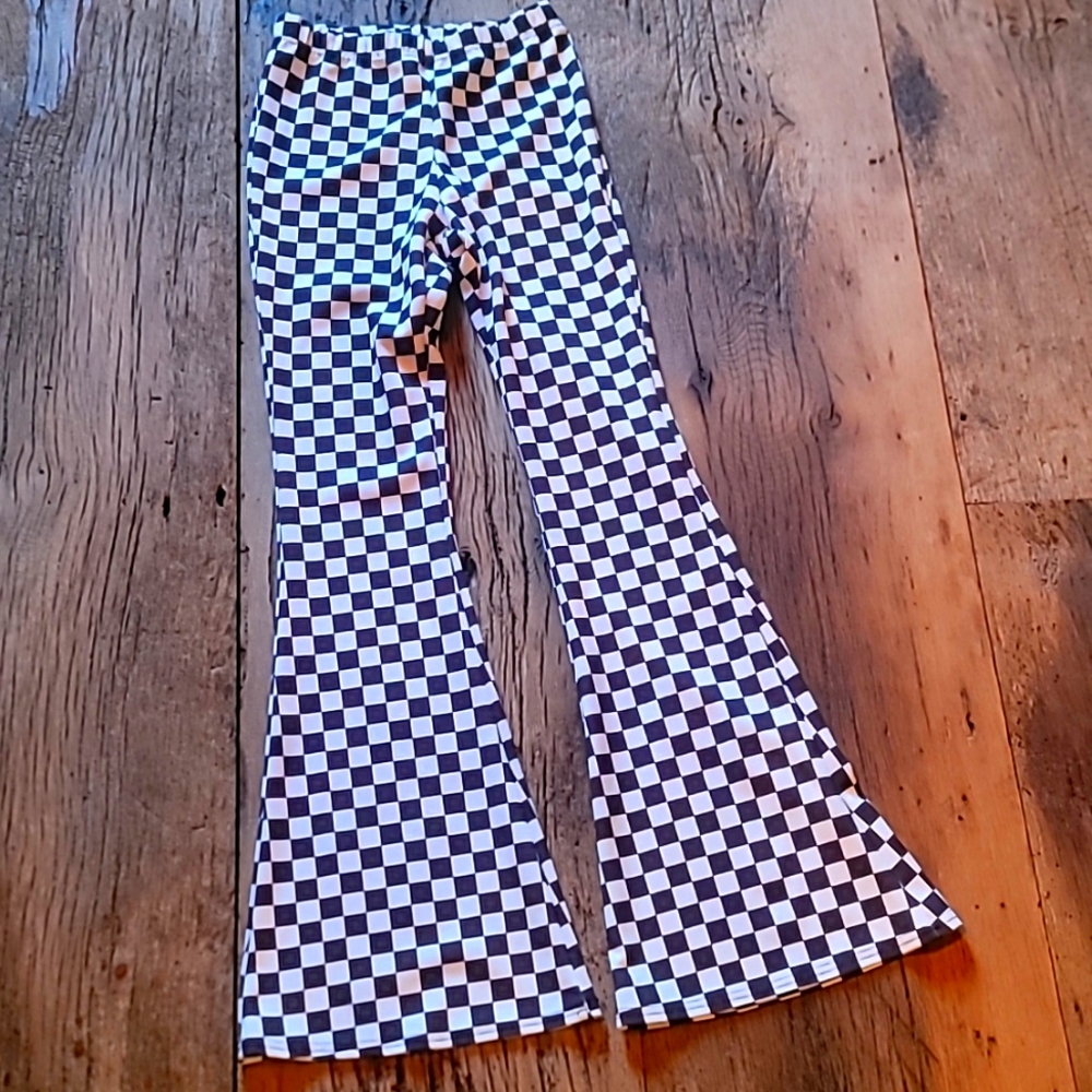 NASTY GAL CHECKERBOARD Print High Waisted Crepe Flares Black/White